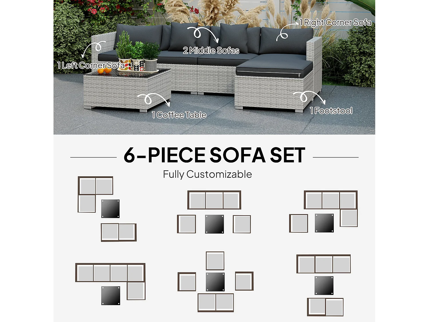 Lemi Mixed Grey 5 Seater Corner Rattan Sofa Set with Cushions