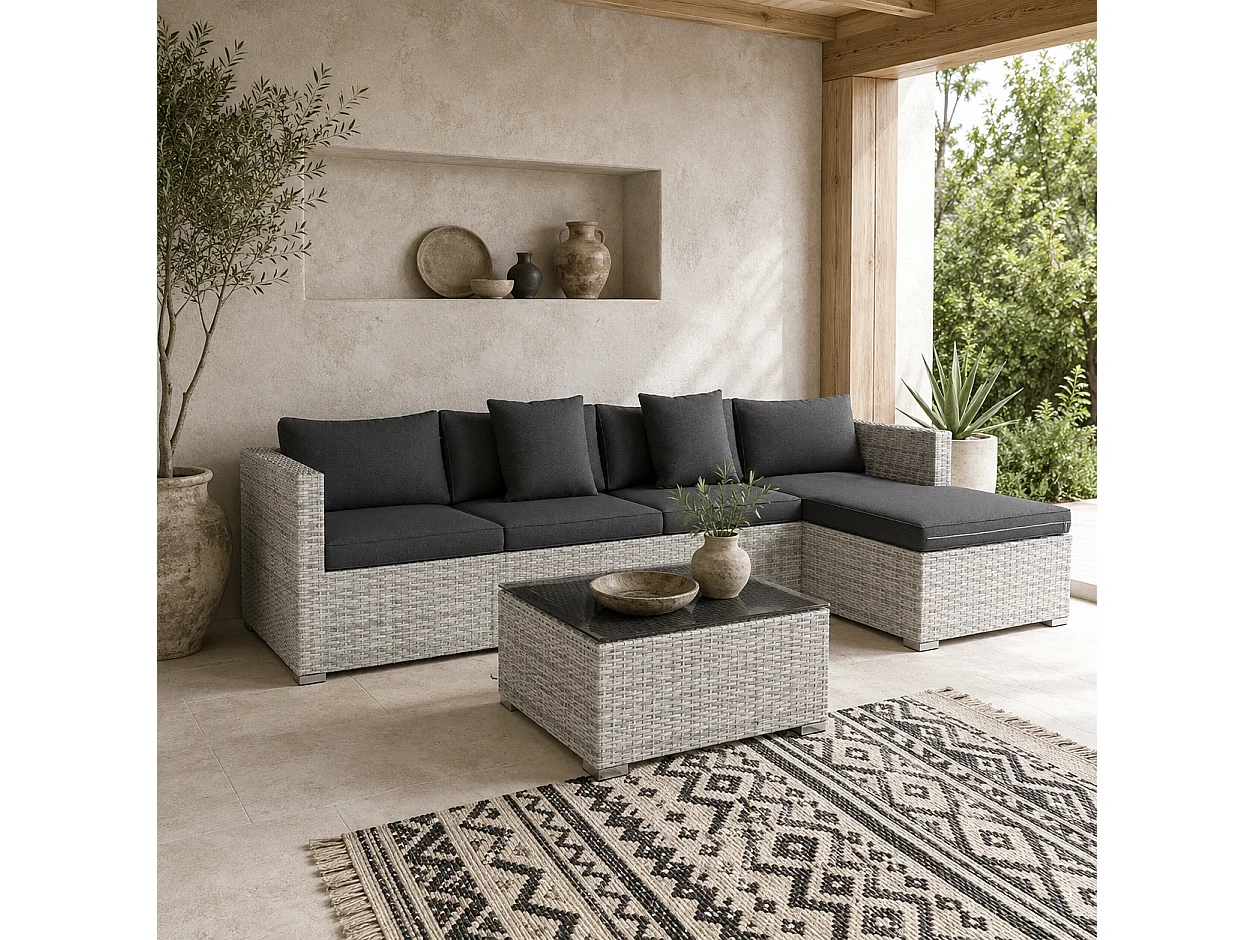 Lemi Mixed Grey 5 Seater Corner Rattan Sofa Set with Cushions