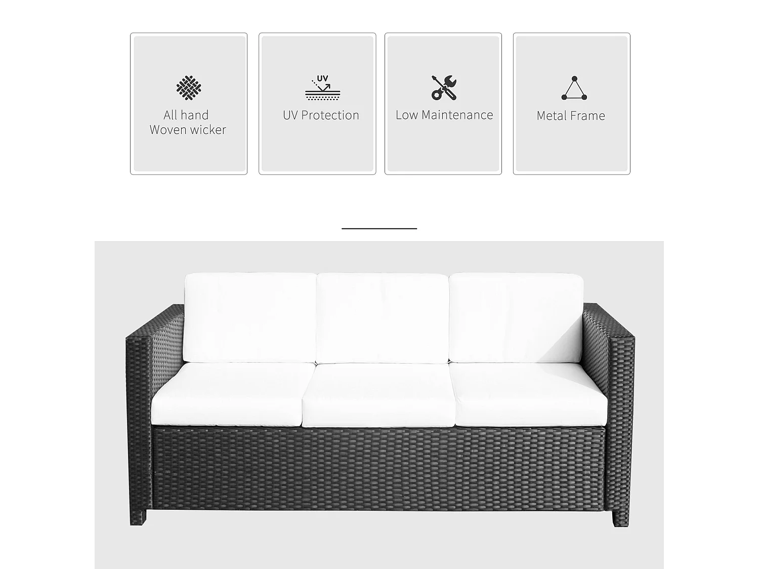 Sudori 3 Seater Black PE Rattan Outdoor Sofa with Cream Cushions