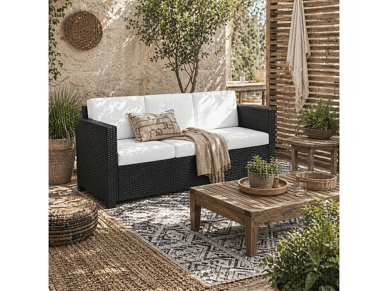 Sudori 3 Seater Black PE Rattan Outdoor Sofa with Cream Cushions