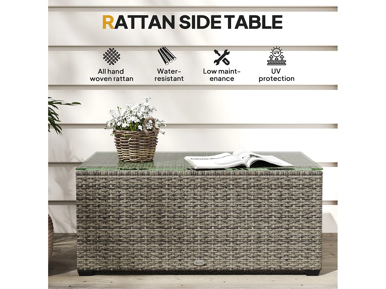 Livatoli Dark Grey Rattan Rectangular Glass Top Side Table