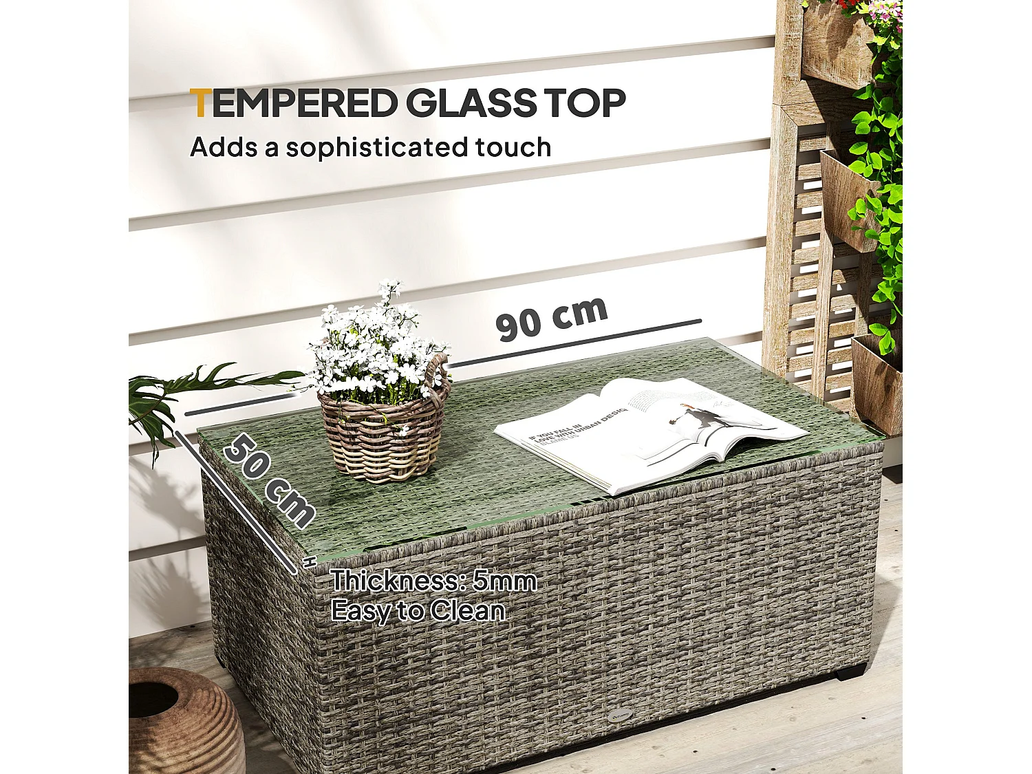Livatoli Dark Grey Rattan Rectangular Glass Top Side Table