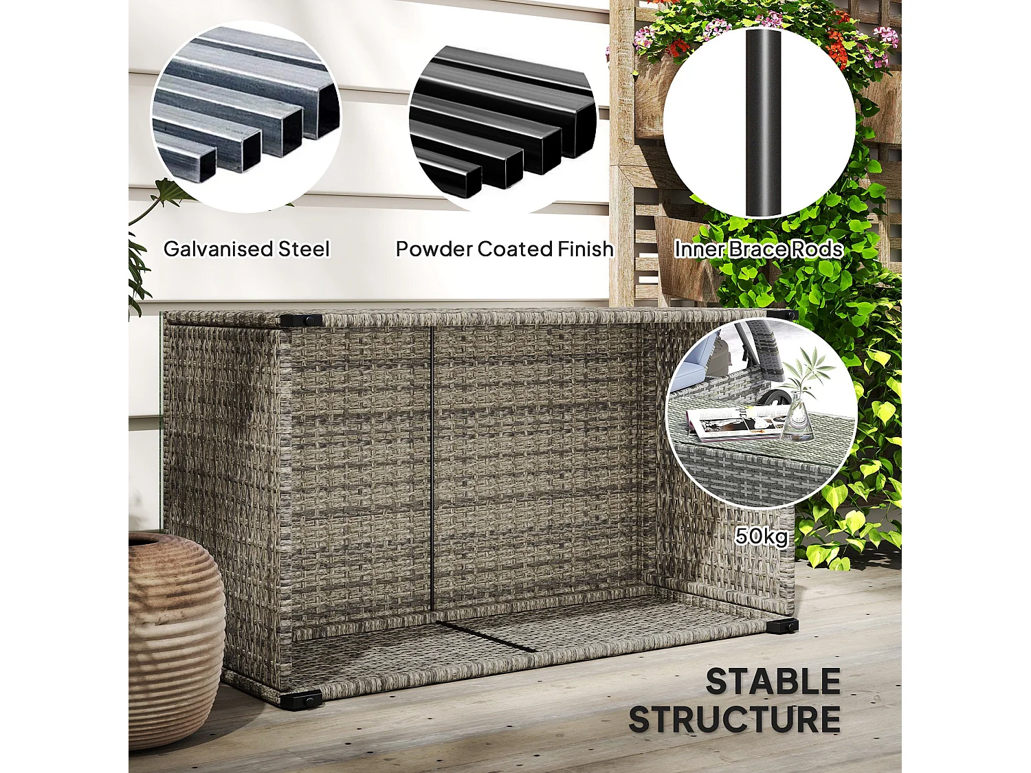 Livatoli Dark Grey Rattan Rectangular Glass Top Side Table