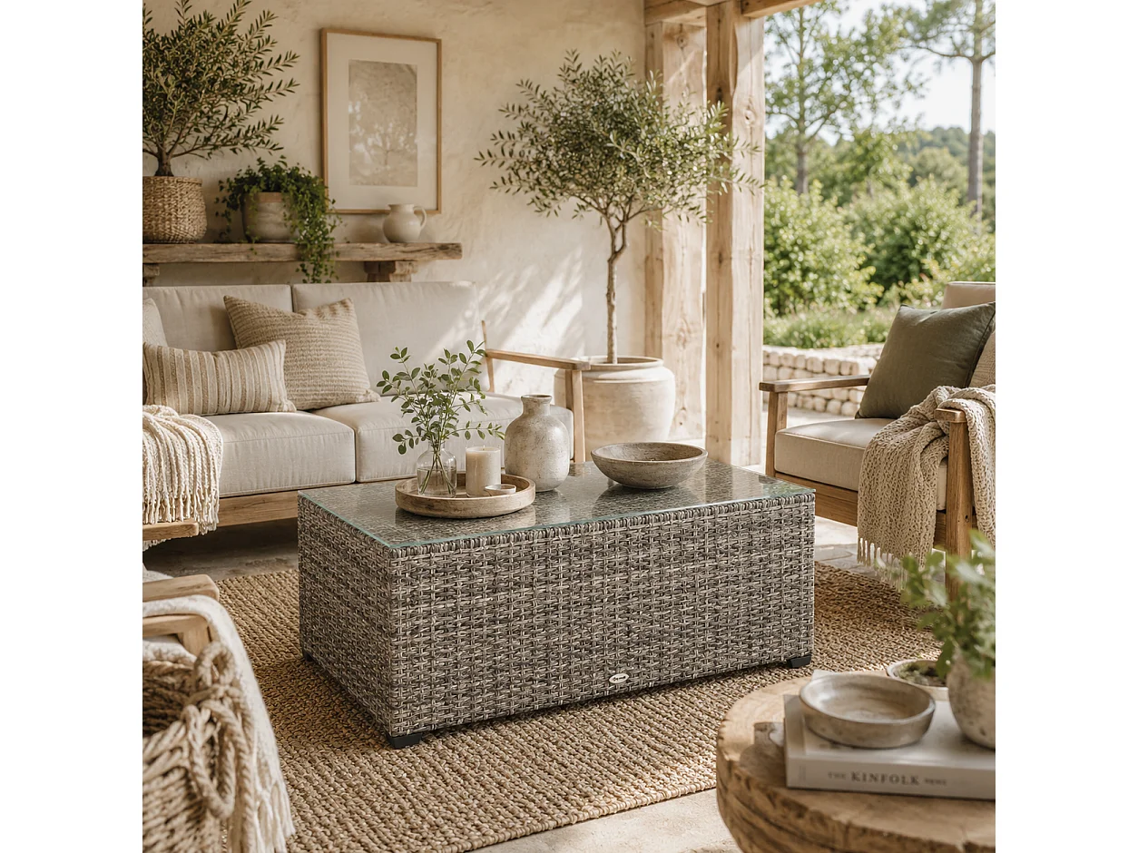 Livatoli Dark Grey Rattan Rectangular Glass Top Side Table