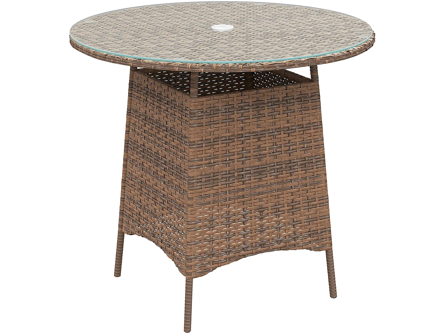Rotasa Round Brown Rattan Outdoor Coffee Table with Tempered Glass and Parasol Hole