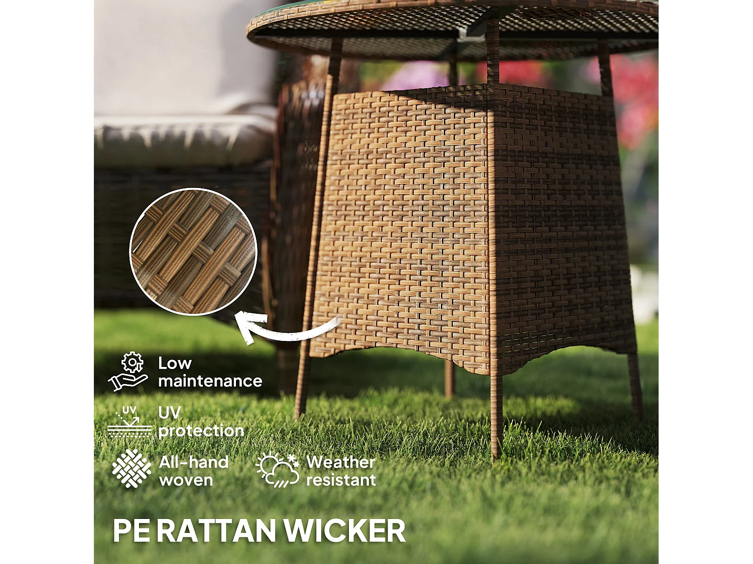 Rotasa Round Brown Rattan Outdoor Coffee Table with Tempered Glass and Parasol Hole