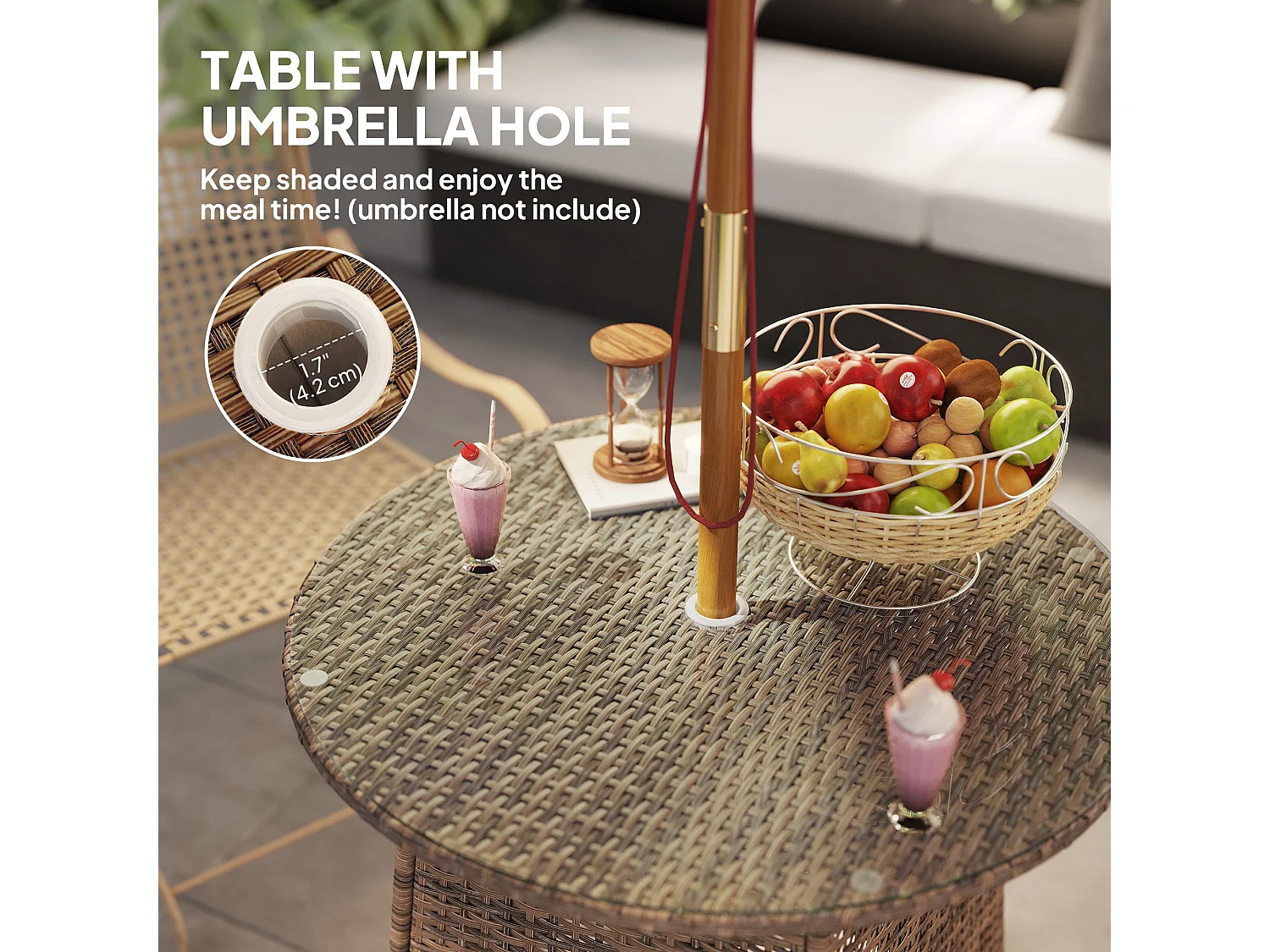 Rotasa Round Brown Rattan Outdoor Coffee Table with Tempered Glass and Parasol Hole