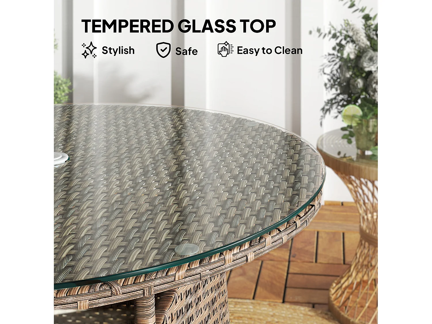 Rotasa Round Brown Rattan Outdoor Coffee Table with Tempered Glass and Parasol Hole