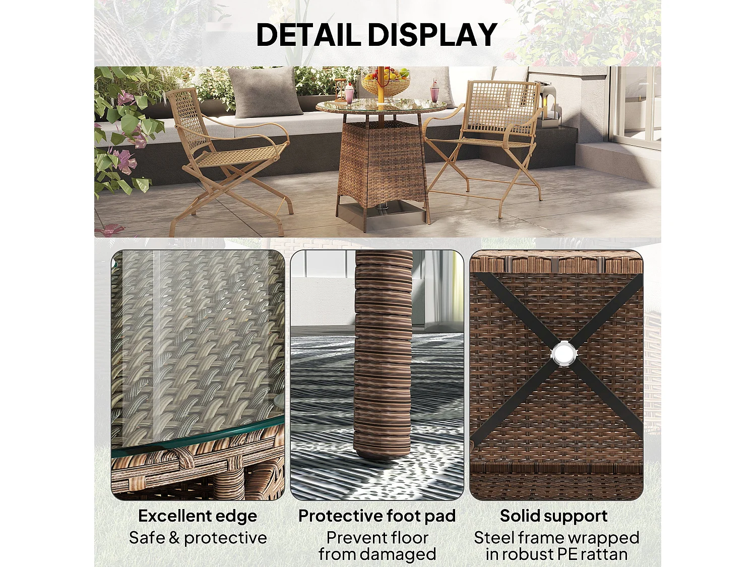 Rotasa Round Brown Rattan Outdoor Coffee Table with Tempered Glass and Parasol Hole