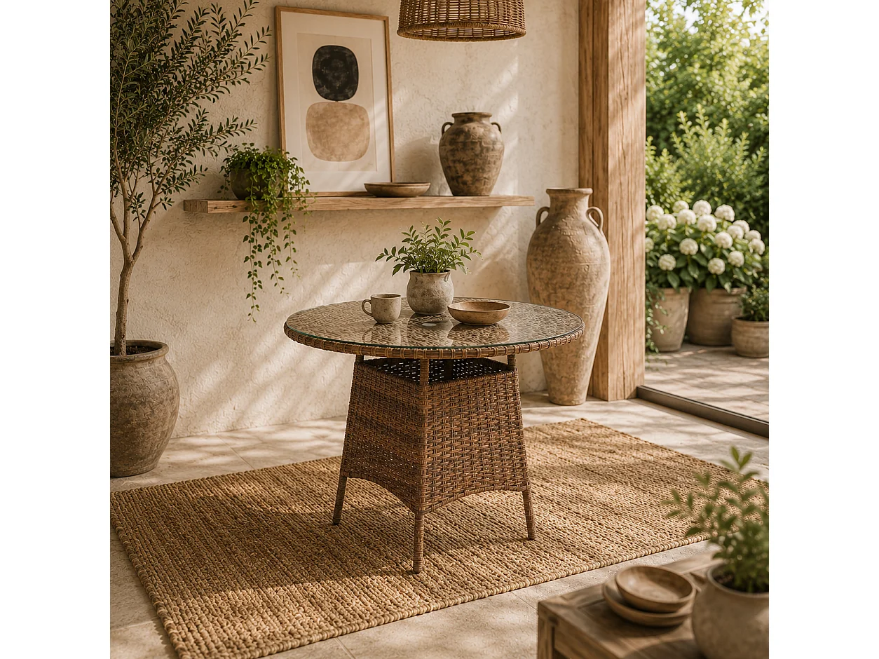 Rotasa Round Brown Rattan Outdoor Coffee Table with Tempered Glass and Parasol Hole