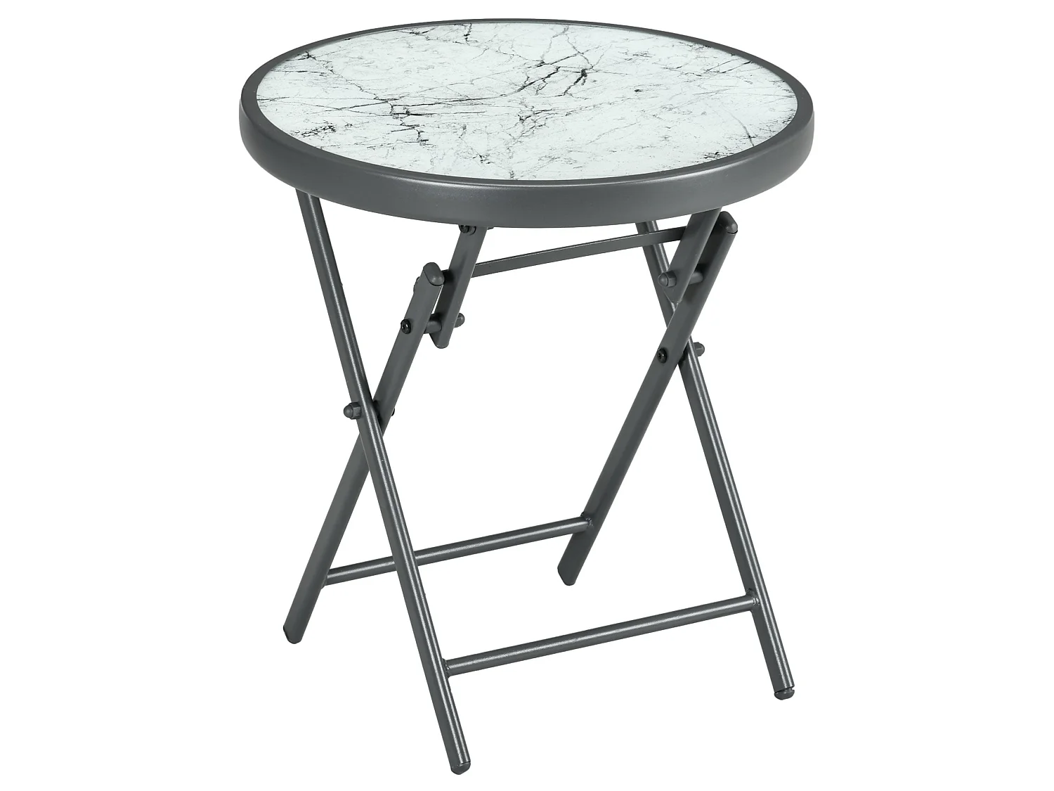 White Folding Outdoor Side Table 45cm Marble Effect Glass Top