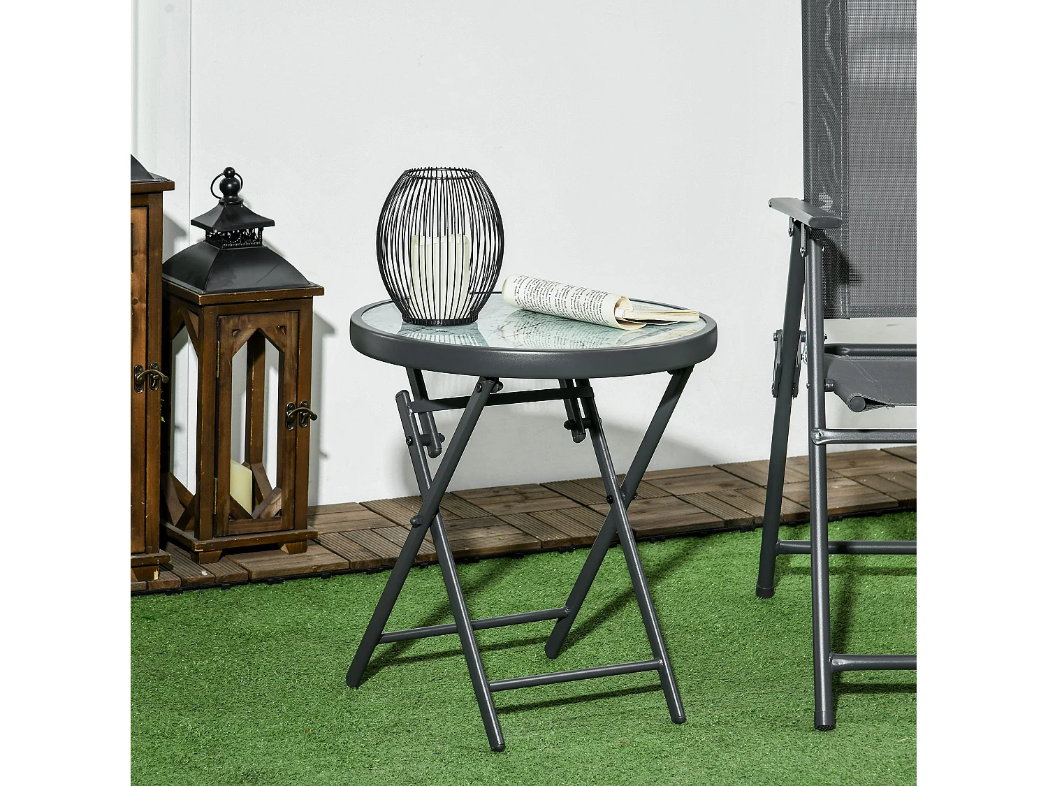 White Folding Outdoor Side Table 45cm Marble Effect Glass Top
