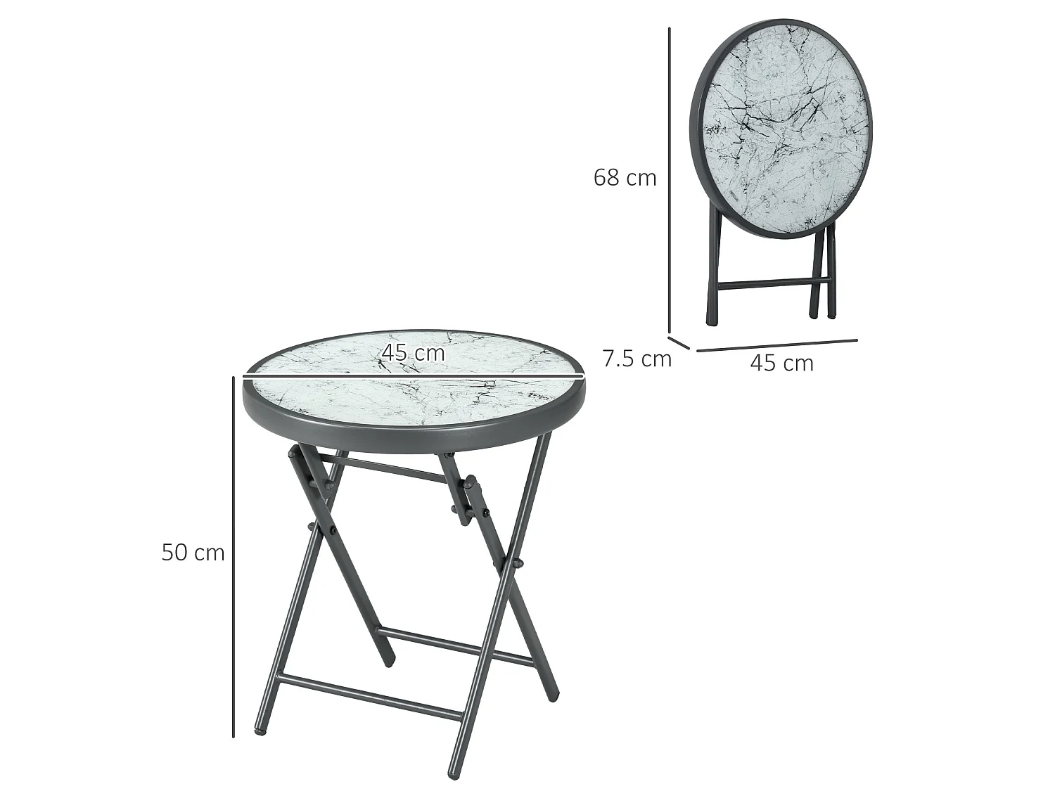 White Folding Outdoor Side Table 45cm Marble Effect Glass Top