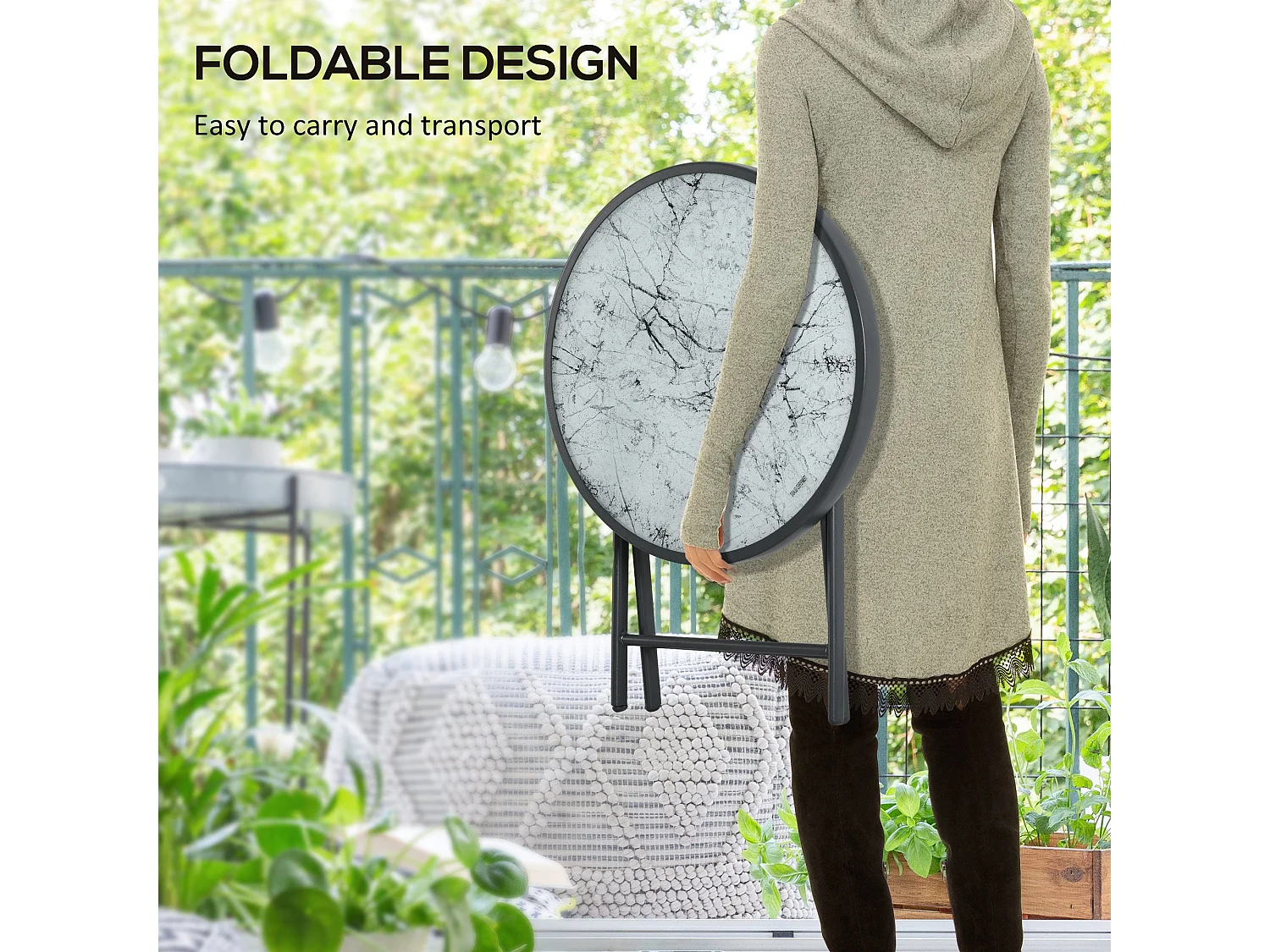 White Folding Outdoor Side Table 45cm Marble Effect Glass Top