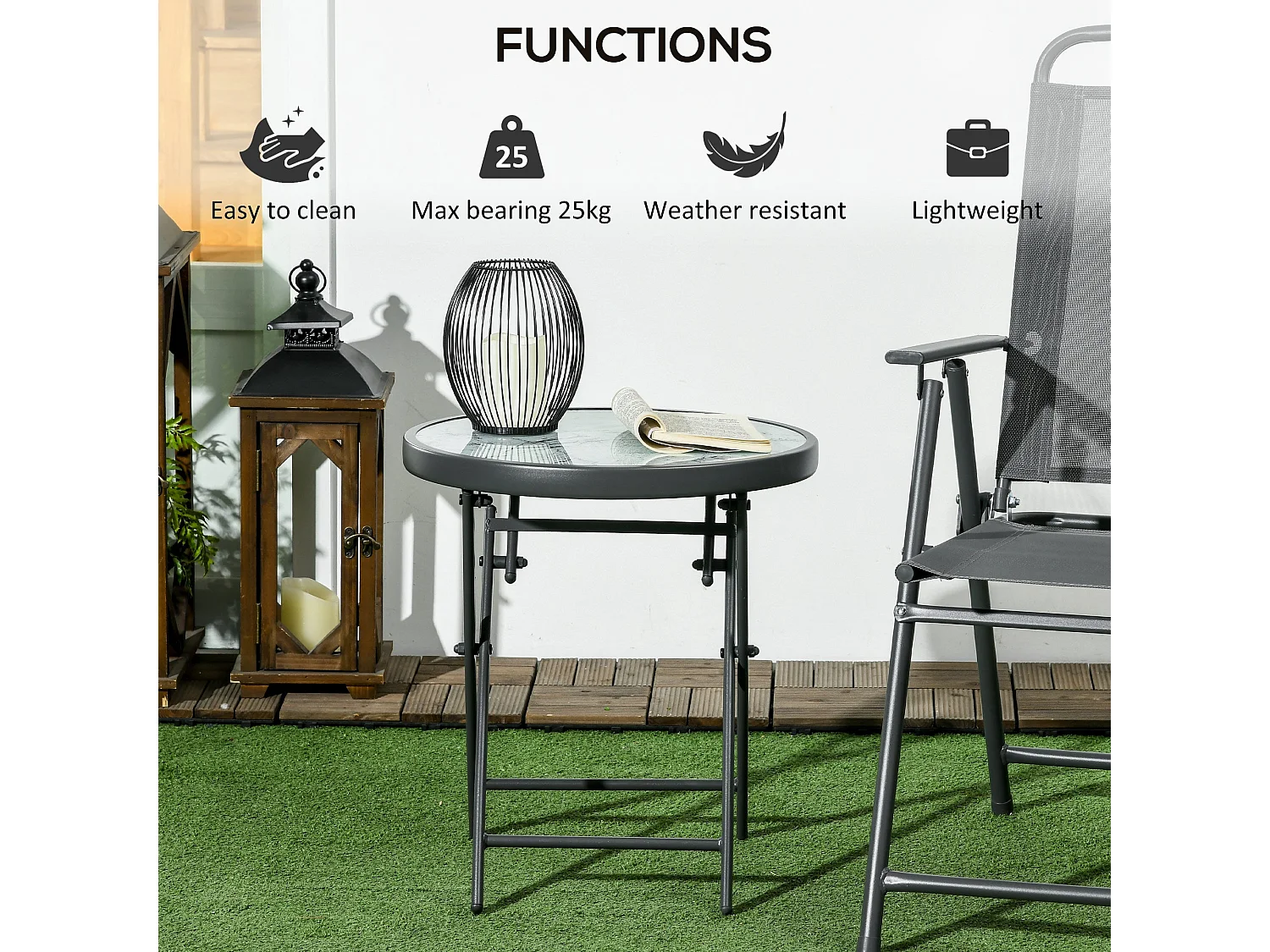 White Folding Outdoor Side Table 45cm Marble Effect Glass Top