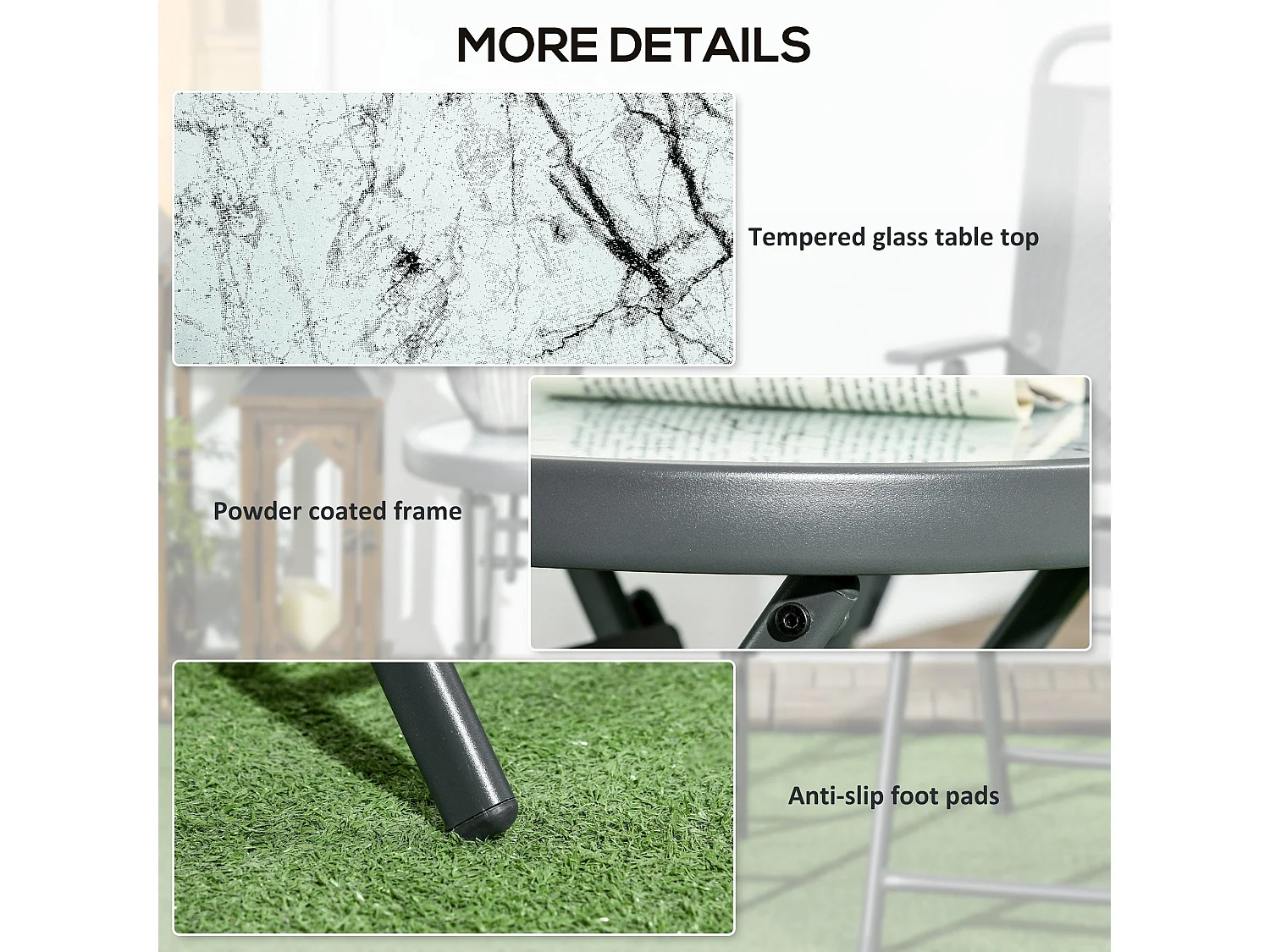 White Folding Outdoor Side Table 45cm Marble Effect Glass Top