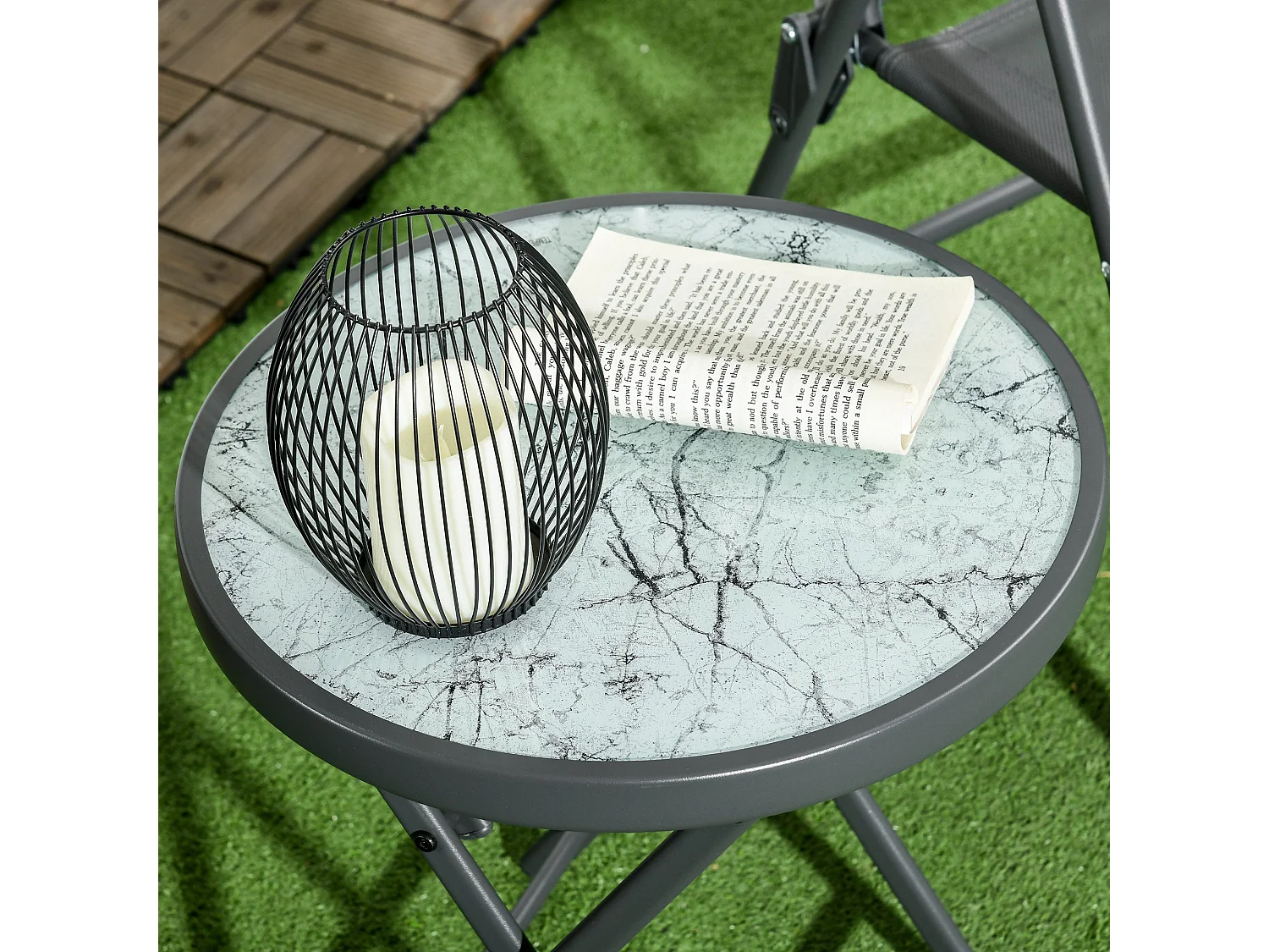 White Folding Outdoor Side Table 45cm Marble Effect Glass Top