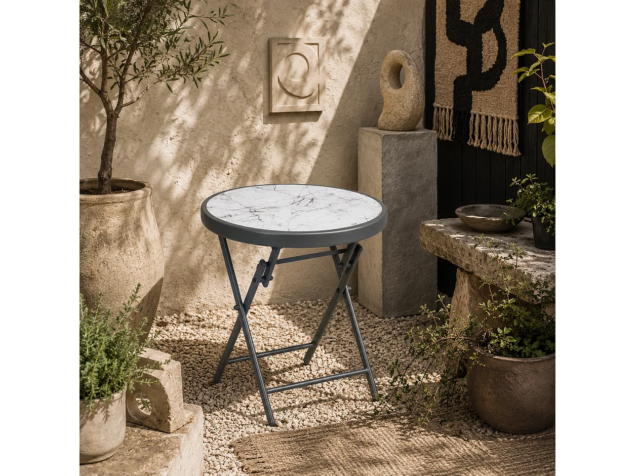 White Folding Outdoor Side Table 45cm Marble Effect Glass Top