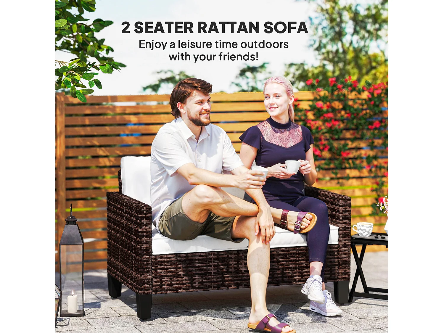 Palo Brown PE Rattan 2 Seater Outdoor Sofa with Cream Cushions