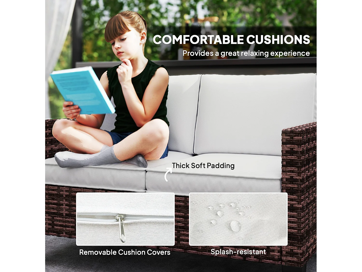 Palo Brown PE Rattan 2 Seater Outdoor Sofa with Cream Cushions