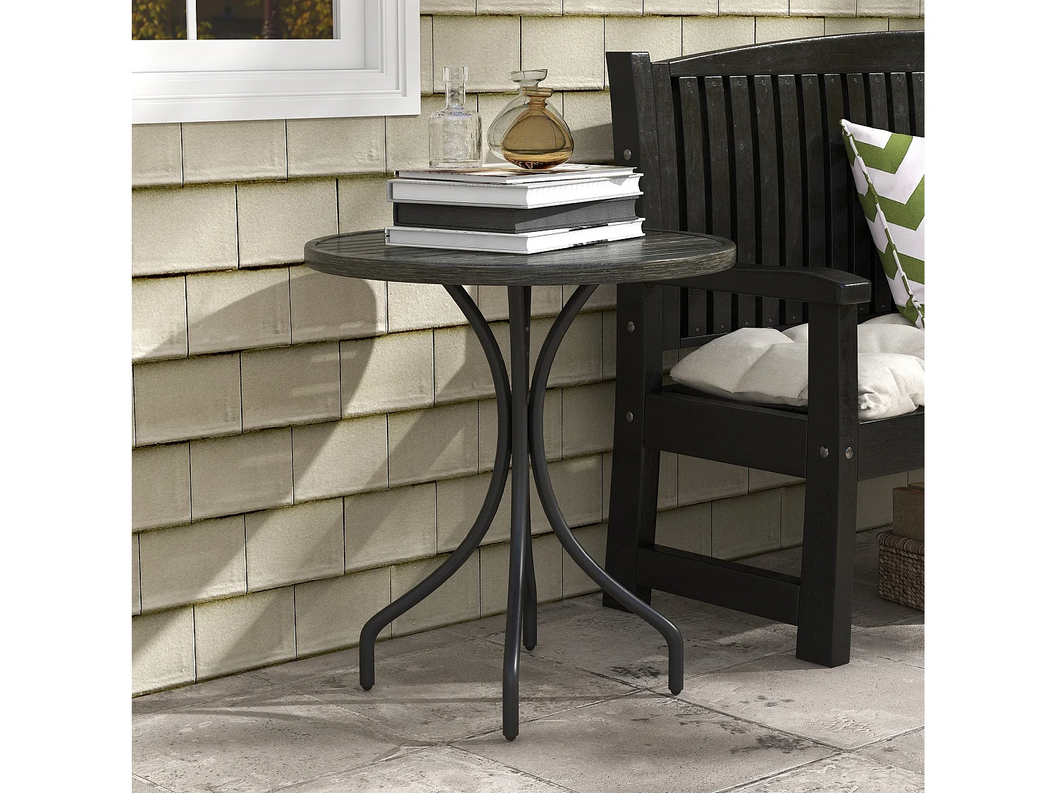 Nari 66cm Round Galvanised Steel Garden Table Grey Wood Grain Slatted Top
