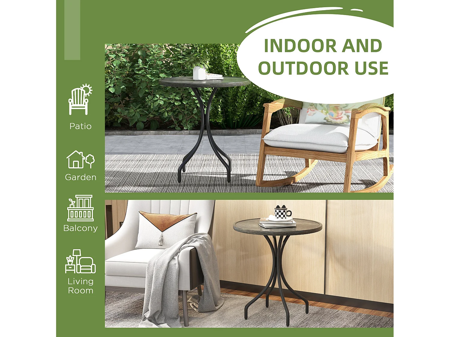 Nari 66cm Round Galvanised Steel Garden Table Grey Wood Grain Slatted Top