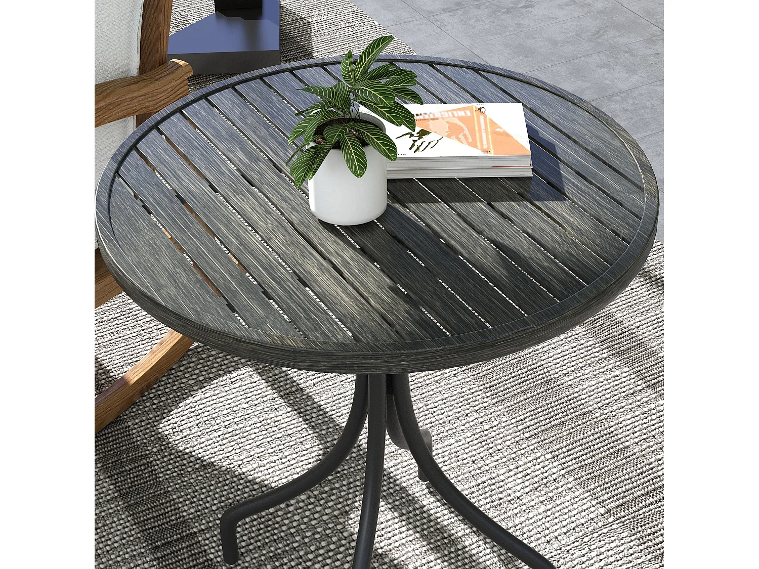Nari 66cm Round Galvanised Steel Garden Table Grey Wood Grain Slatted Top