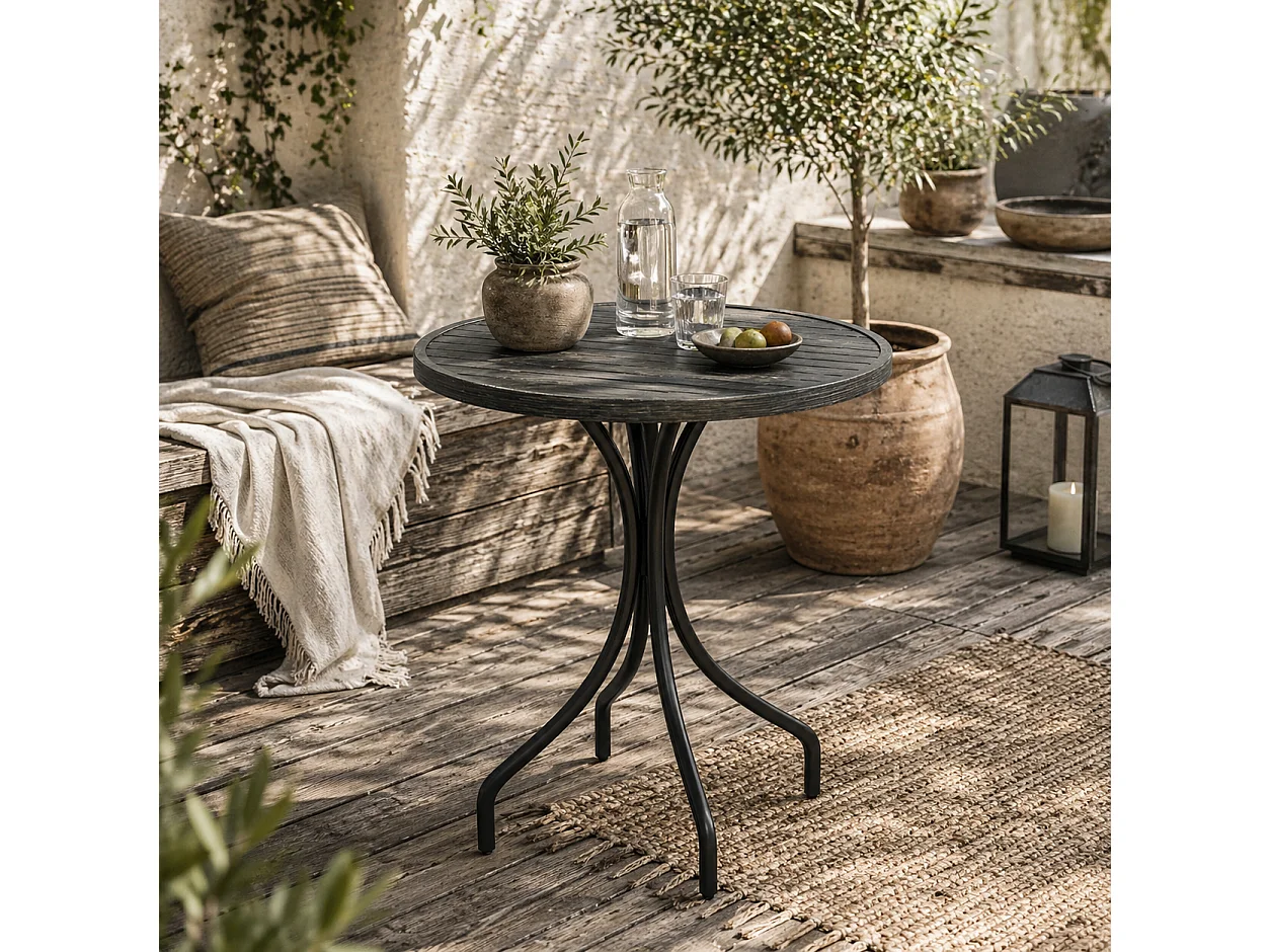 Nari 66cm Round Galvanised Steel Garden Table Grey Wood Grain Slatted Top