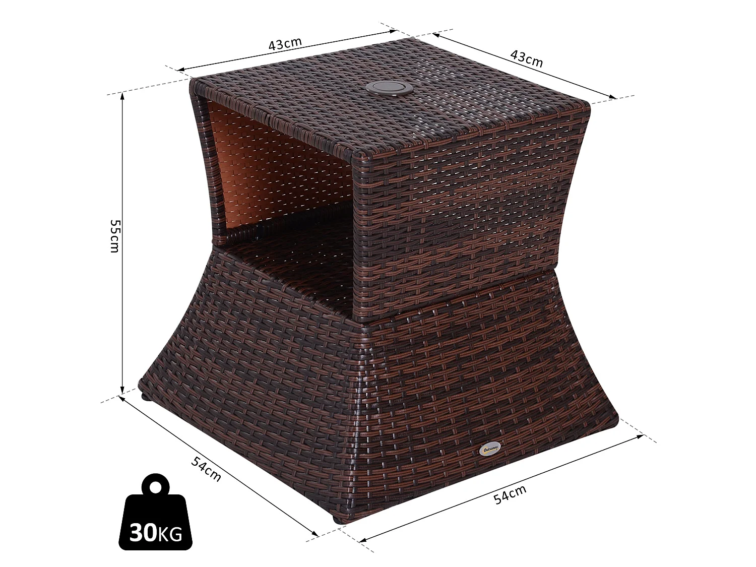 Lekavi Brown PE Rattan Outdoor Coffee Table with Parasol Hole and Open Shelf