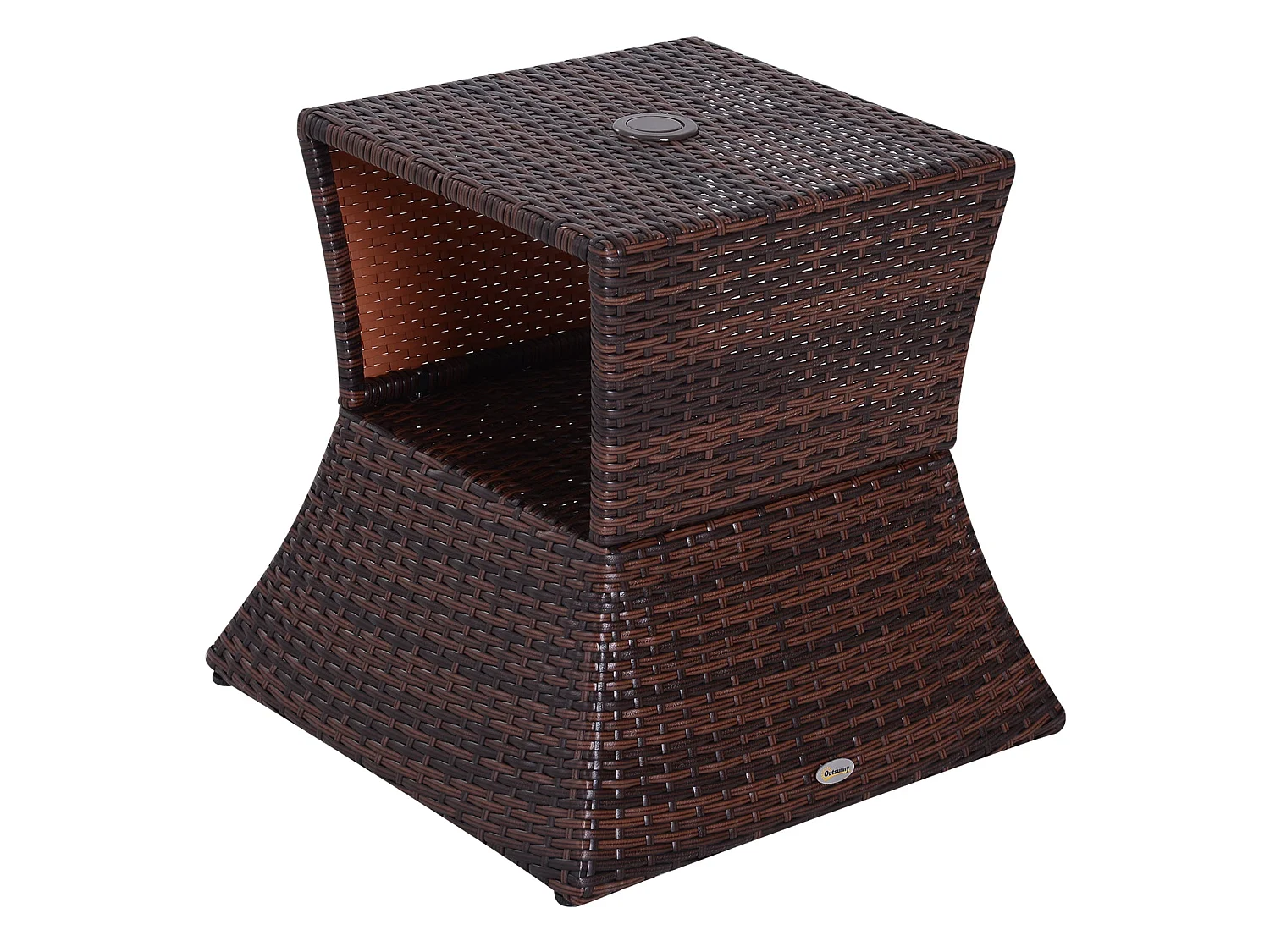 Lekavi Brown PE Rattan Outdoor Coffee Table with Parasol Hole and Open Shelf