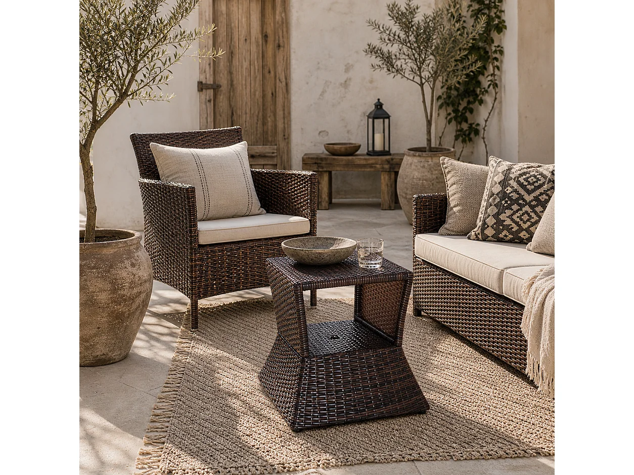 Lekavi Brown PE Rattan Outdoor Coffee Table with Parasol Hole and Open Shelf