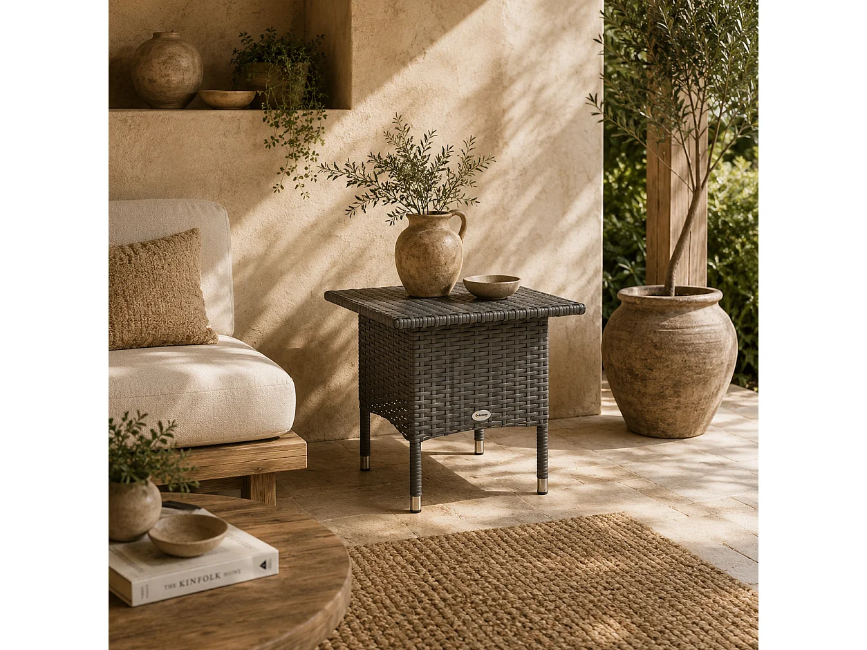 Nari Grey Rattan Outdoor Side Table Square Woven Top
