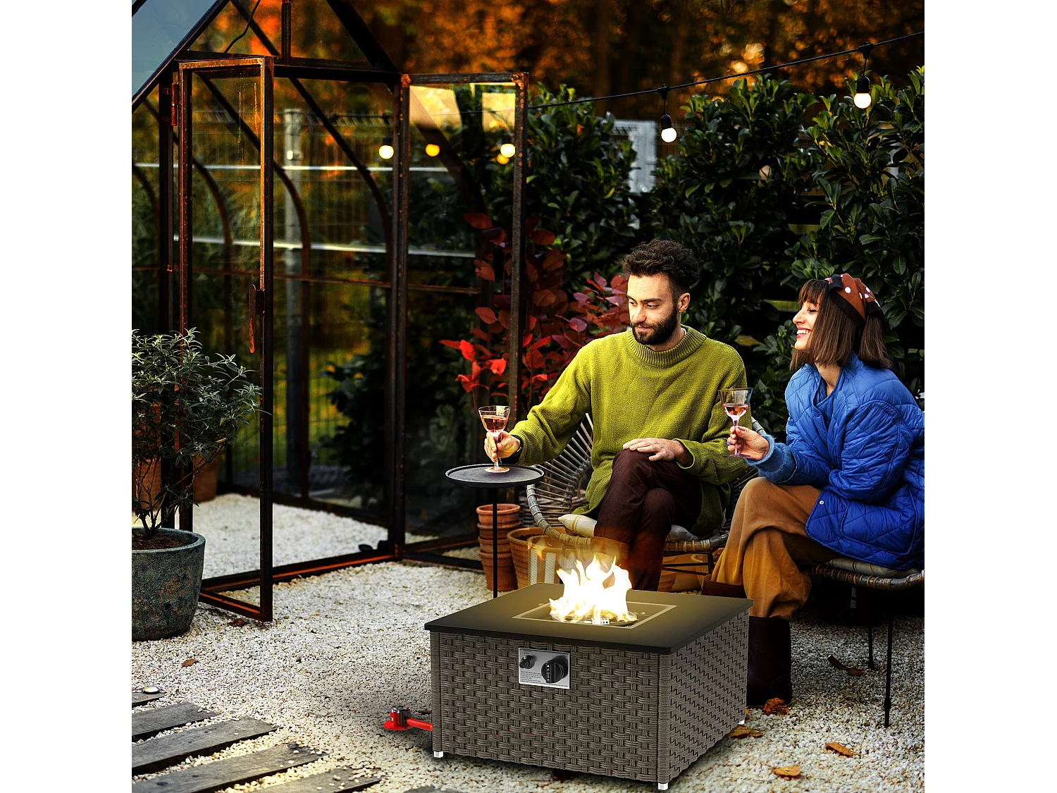 Lenaro Grey Rattan Square Gas Fire Pit Coffee Table 13 kW With Lid 58 x 58 x 33cm