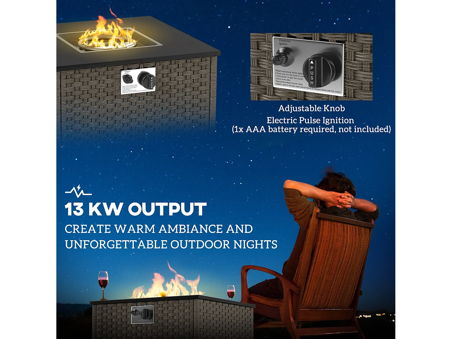 Lenaro Grey Rattan Square Gas Fire Pit Coffee Table 13 kW With Lid 58 x 58 x 33cm