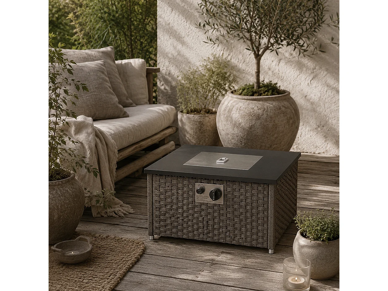 Lenaro Grey Rattan Square Gas Fire Pit Coffee Table 13 kW With Lid 58 x 58 x 33cm