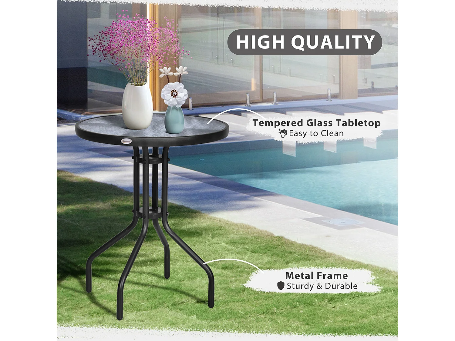 Rano Round Bistro Table 60cm Metal Frame Tempered Glass Black