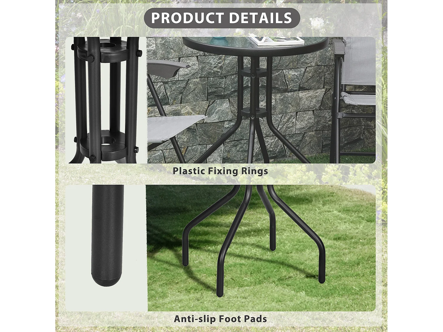 Rano Round Bistro Table 60cm Metal Frame Tempered Glass Black
