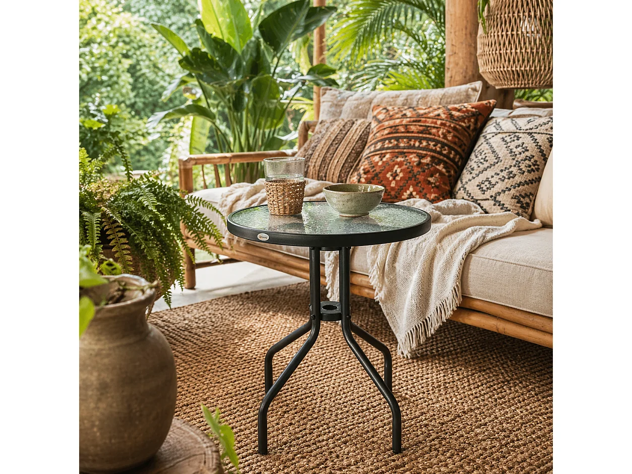 Rano Round Bistro Table 60cm Metal Frame Tempered Glass Black