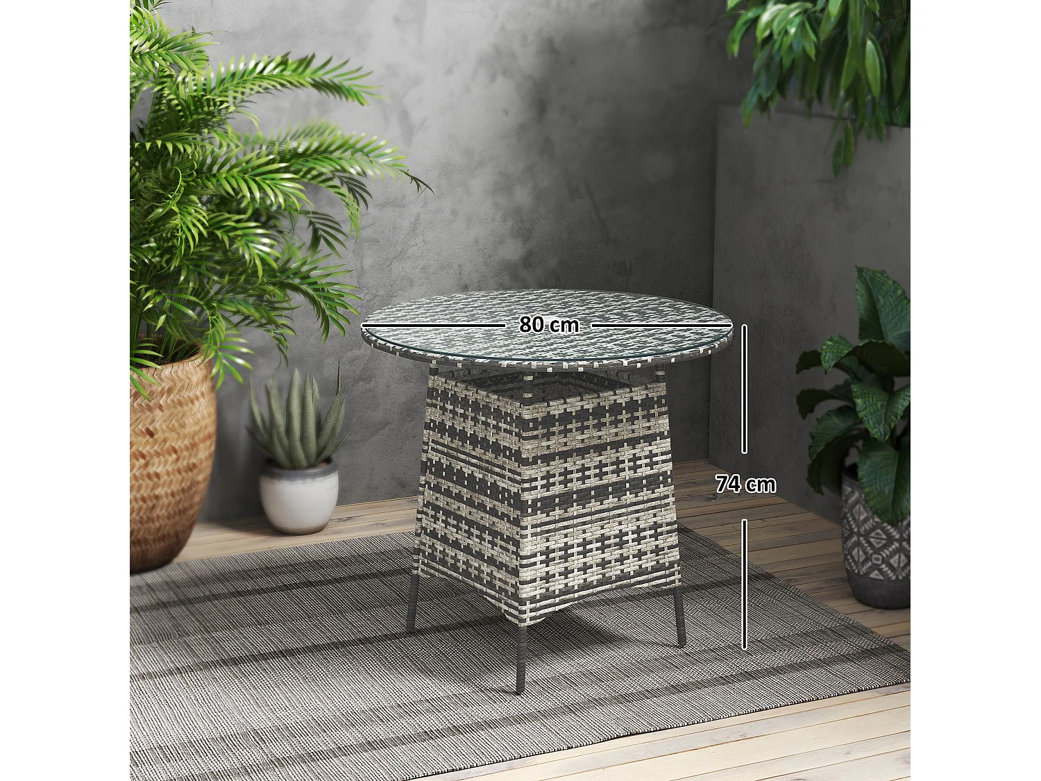 Viveke Grey Rattan Outdoor Coffee Table with Tempered Glass Top and Parasol Hole