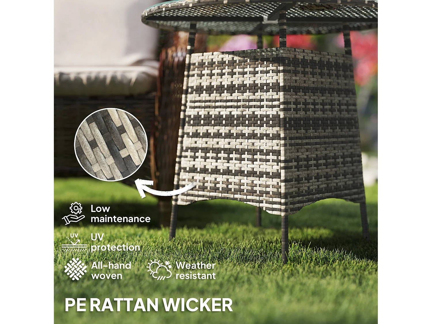 Viveke Grey Rattan Outdoor Coffee Table with Tempered Glass Top and Parasol Hole