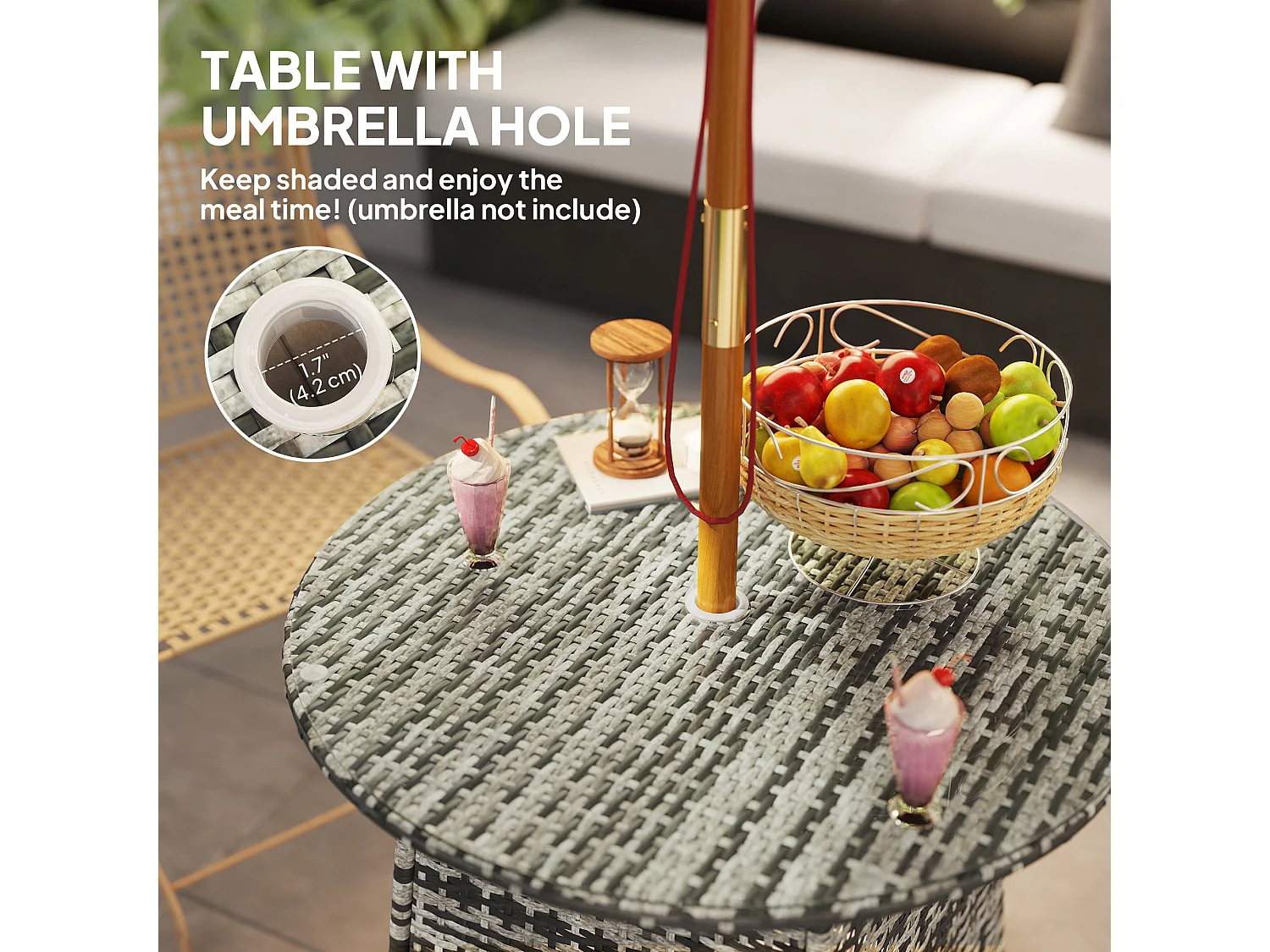 Viveke Grey Rattan Outdoor Coffee Table with Tempered Glass Top and Parasol Hole
