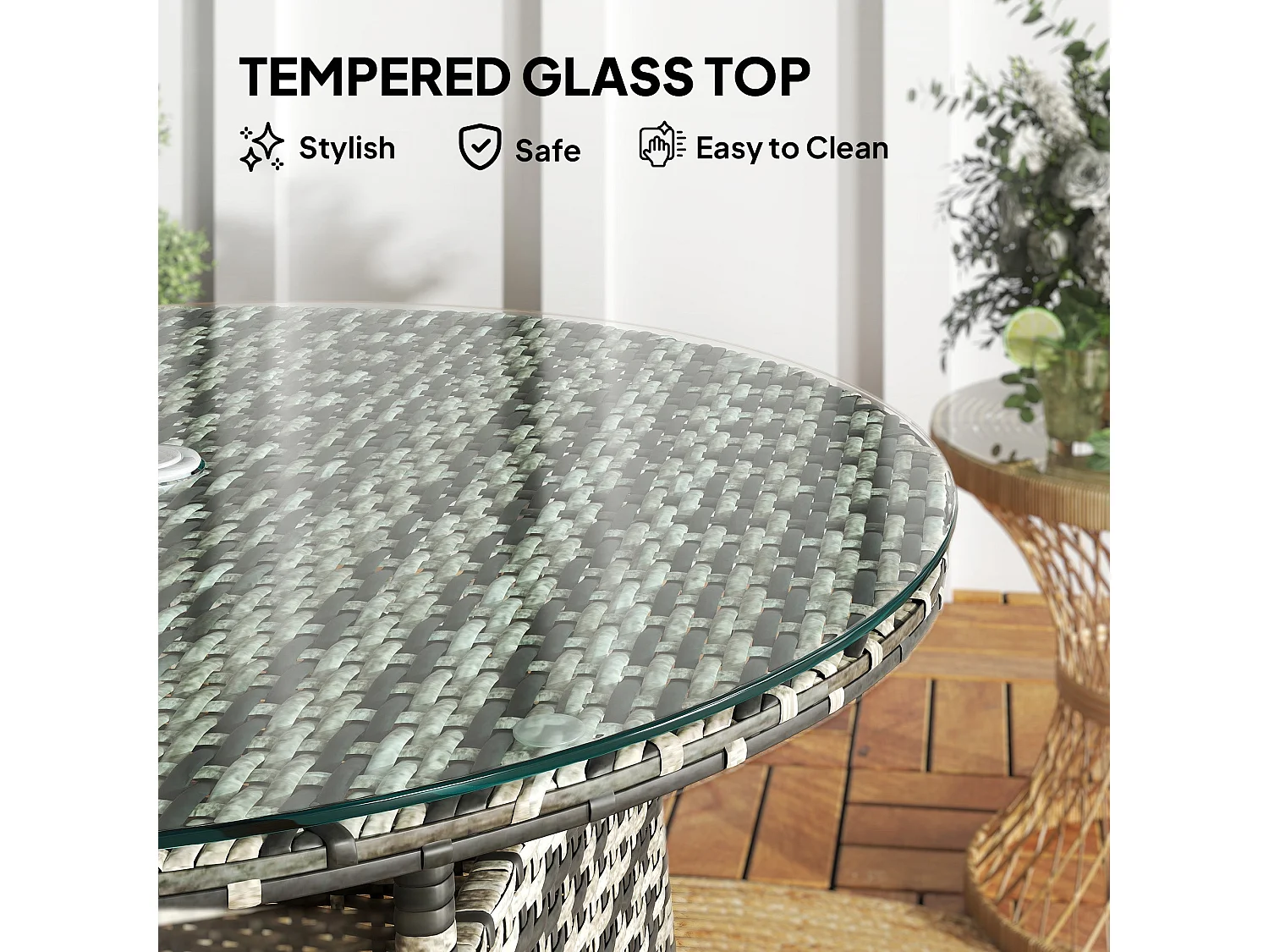 Viveke Grey Rattan Outdoor Coffee Table with Tempered Glass Top and Parasol Hole