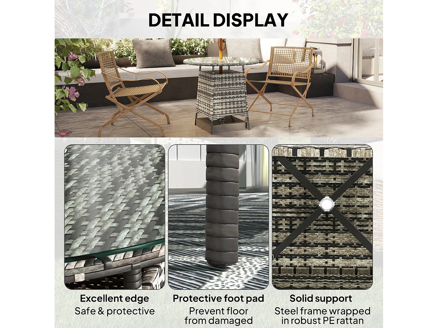 Viveke Grey Rattan Outdoor Coffee Table with Tempered Glass Top and Parasol Hole