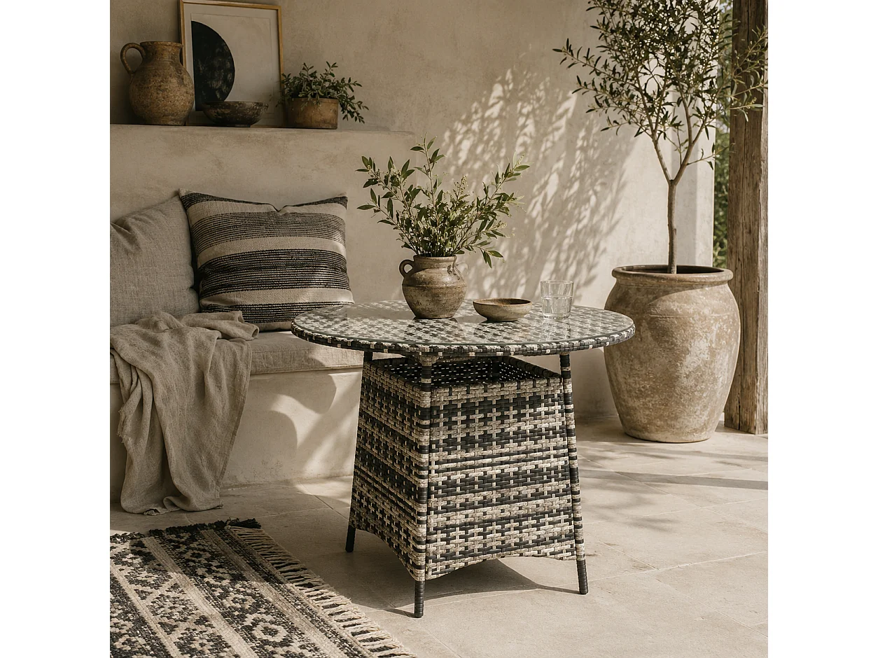 Viveke Grey Rattan Outdoor Coffee Table with Tempered Glass Top and Parasol Hole