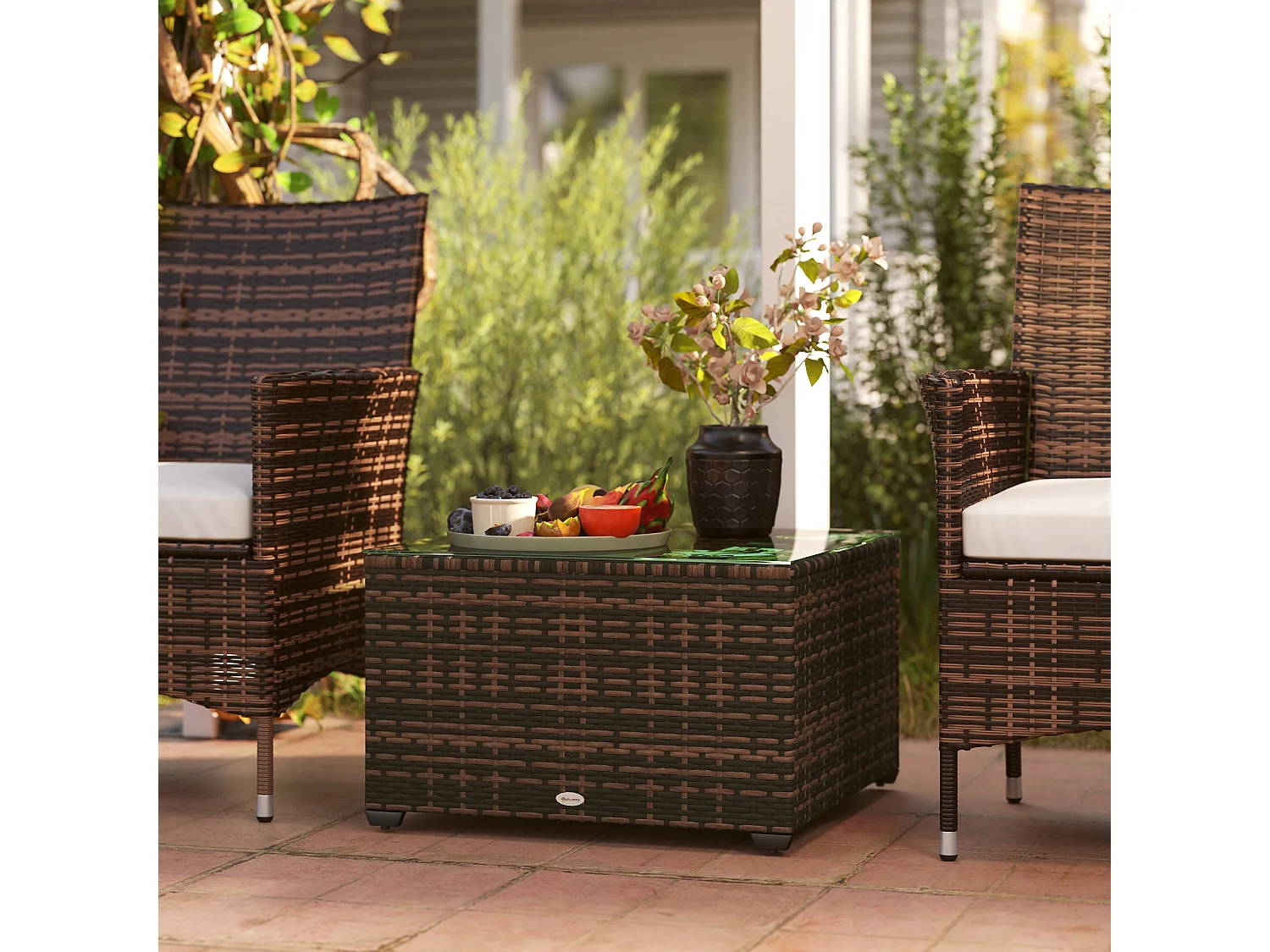 Nolone Brown Rattan Outdoor Side Table with Tempered Glass Top 62x38cm