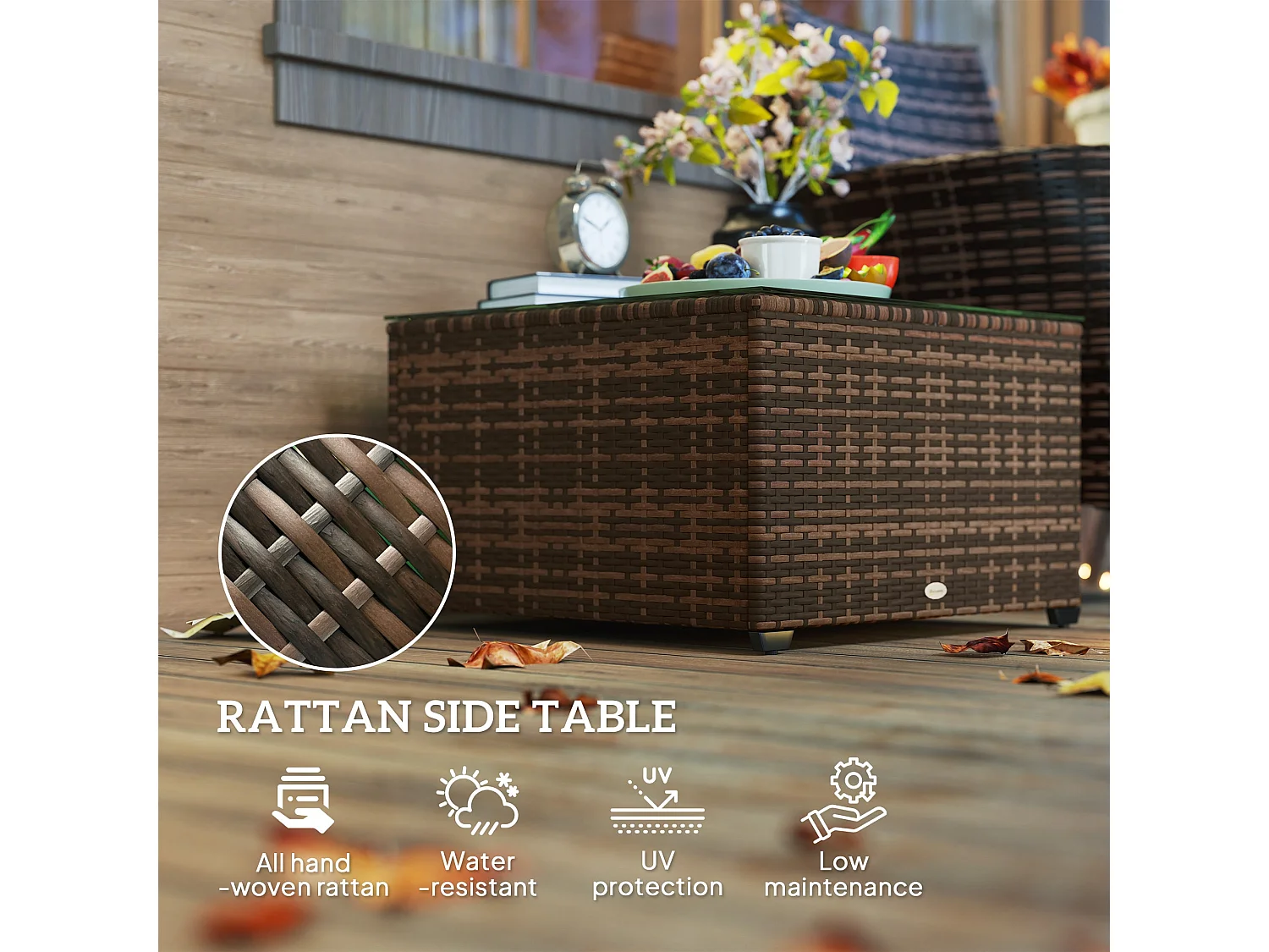 Nolone Brown Rattan Outdoor Side Table with Tempered Glass Top 62x38cm
