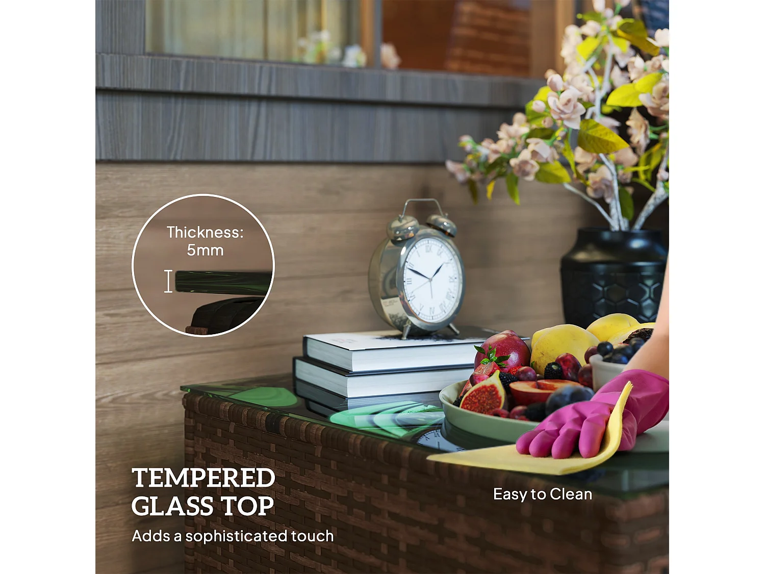 Nolone Brown Rattan Outdoor Side Table with Tempered Glass Top 62x38cm