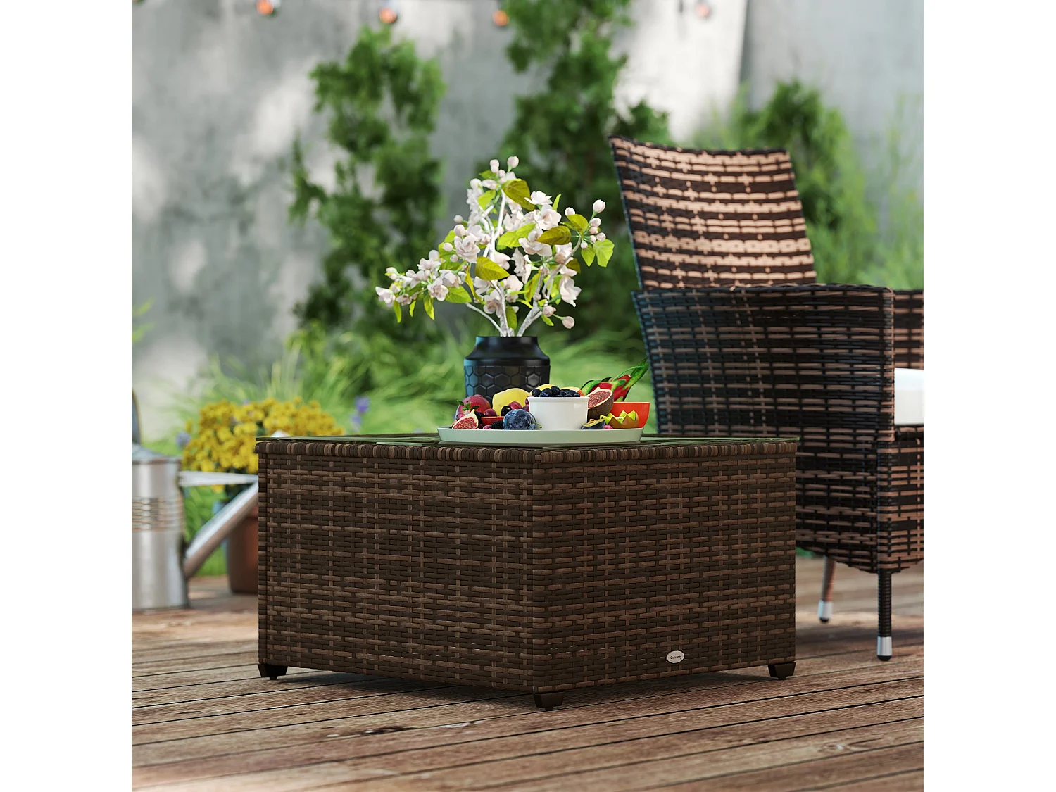 Nolone Brown Rattan Outdoor Side Table with Tempered Glass Top 62x38cm