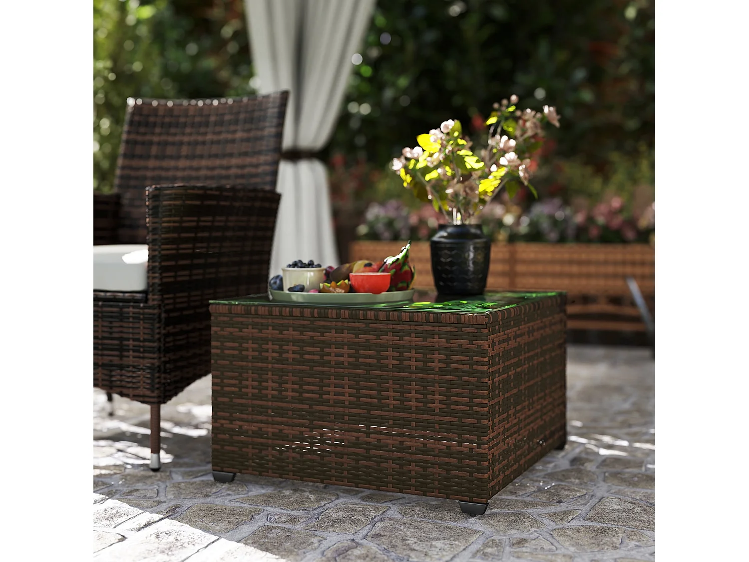 Nolone Brown Rattan Outdoor Side Table with Tempered Glass Top 62x38cm