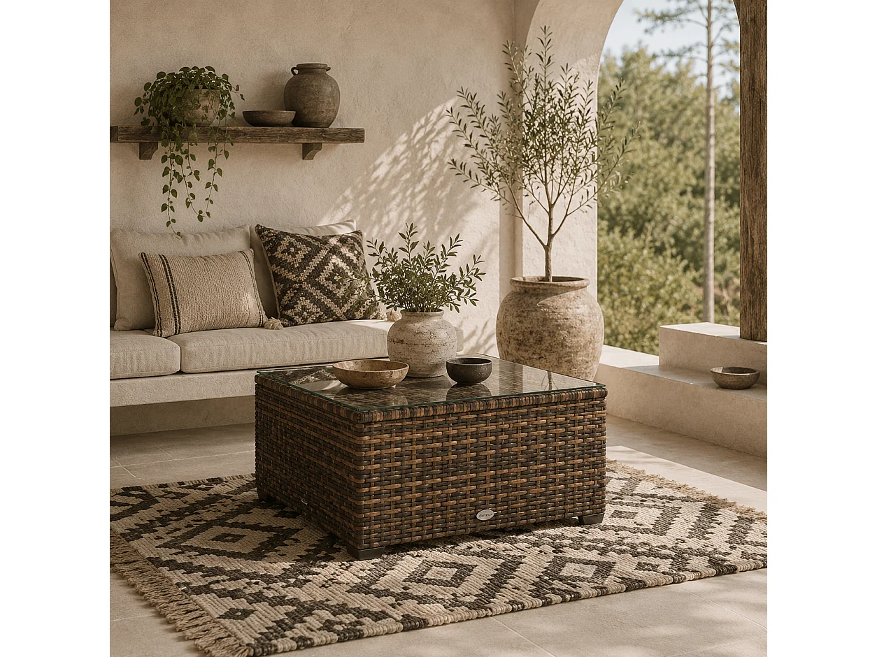 Nolone Brown Rattan Outdoor Side Table with Tempered Glass Top 62x38cm